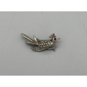 Vintage Silver Tone Roadrunner Red Eye Rhinestone Bird Pin Brooch 1.5"